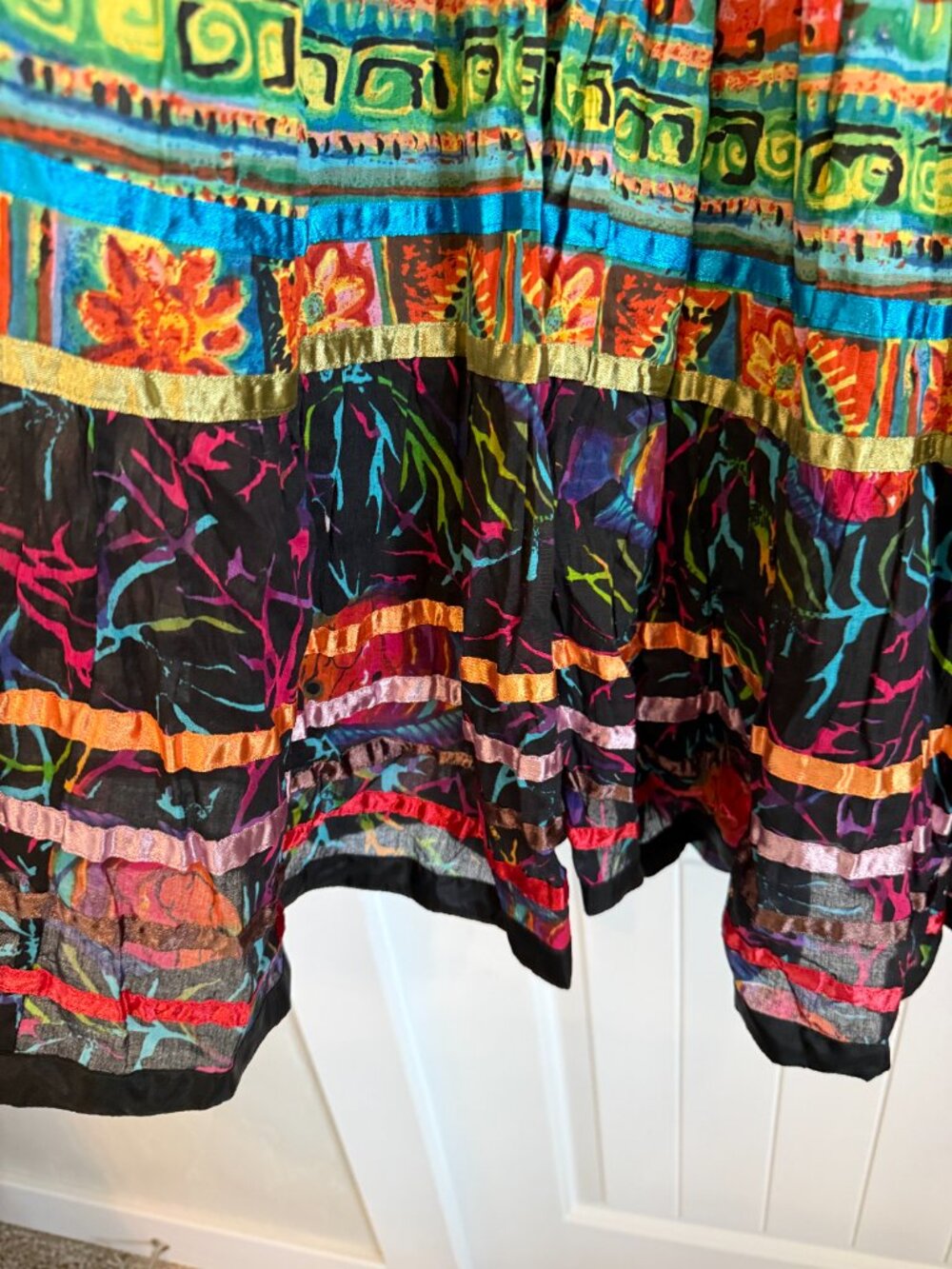 Vibrant bohemian tiered maxi skirt with eclectic mixed prints and ribbon trim - Picture 3 of 6